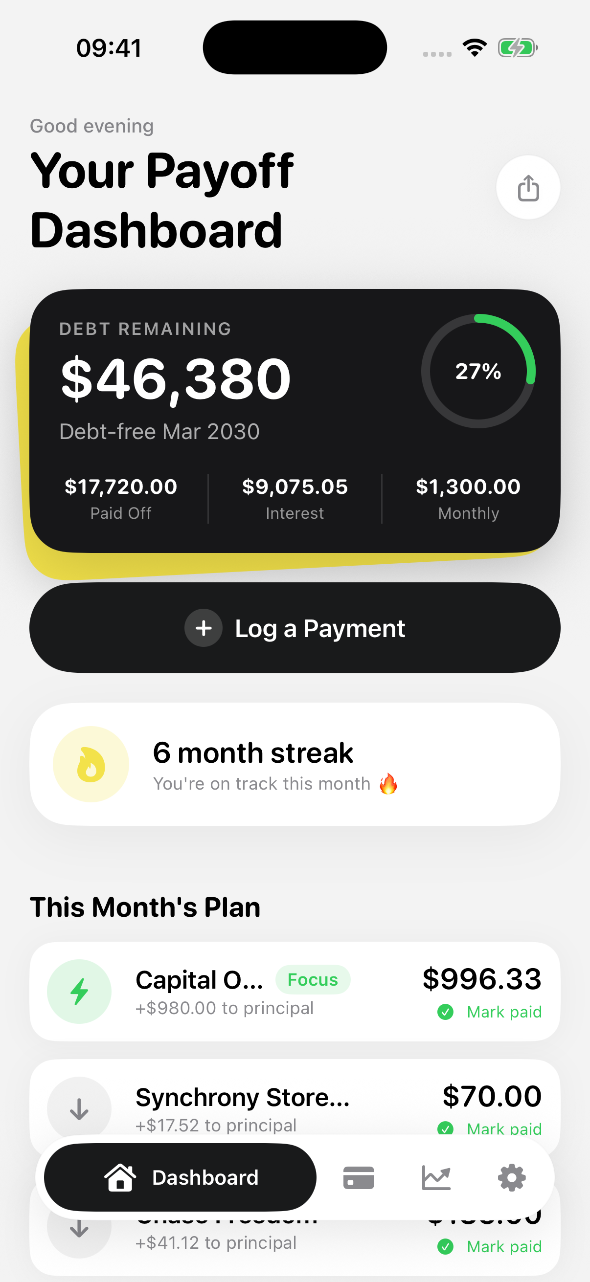 Debt Snowball Calculator Snolo payoff dashboard showing debt-free date and this month's plan