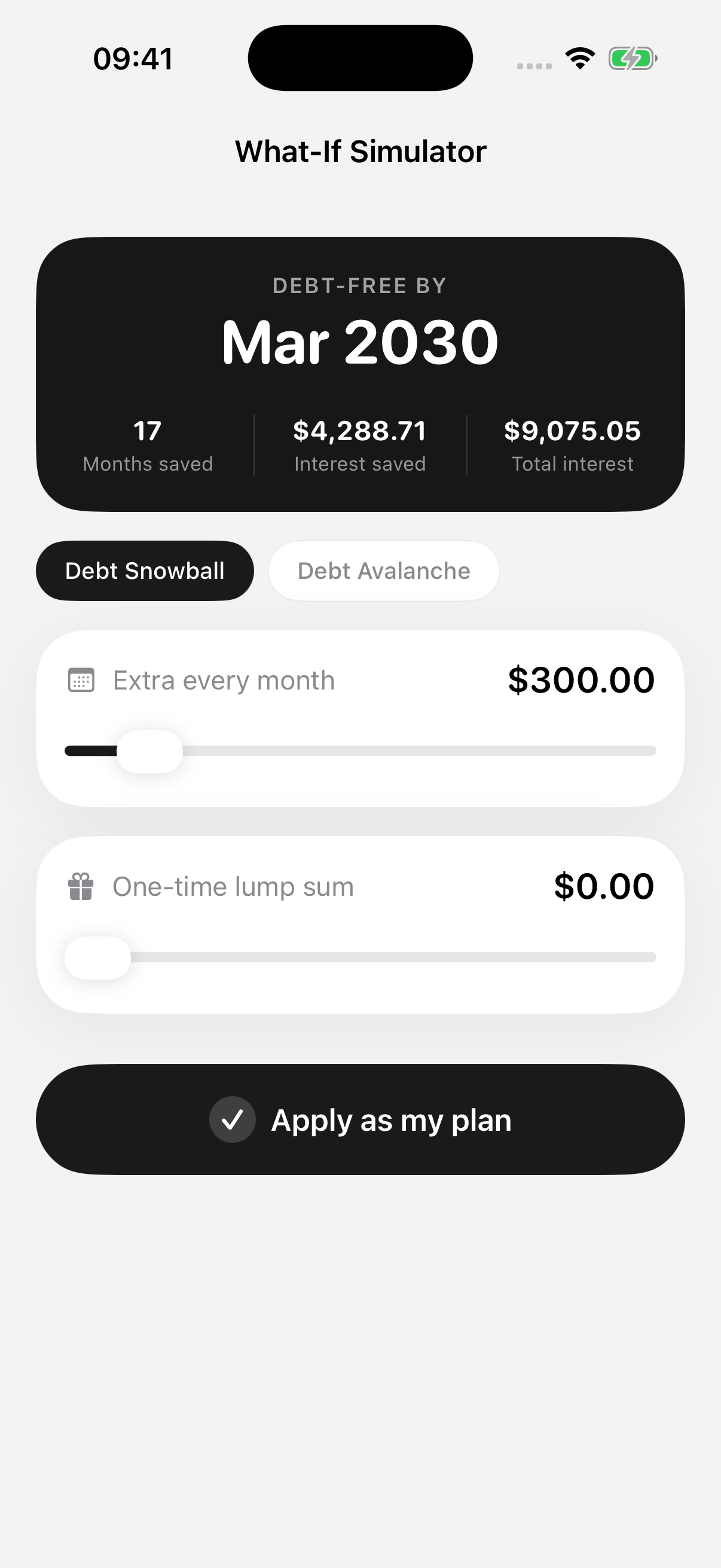 What-If Simulator showing months saved and interest saved from extra payments