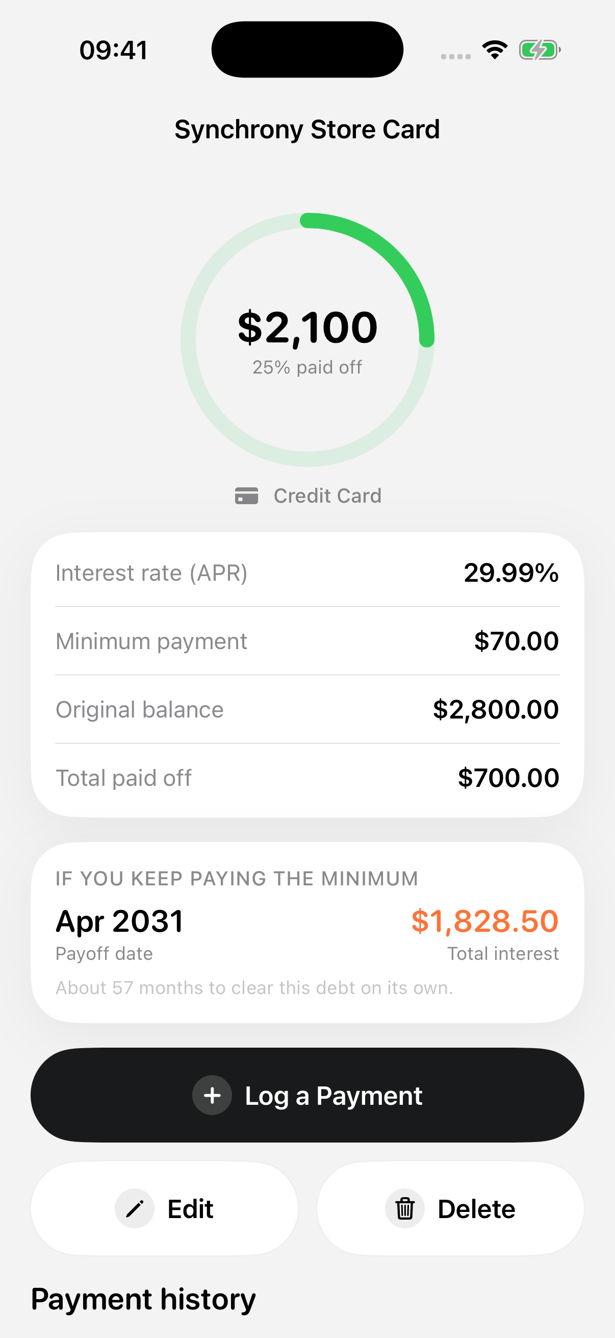 Debt detail showing payoff date and total interest if you keep paying only the minimum