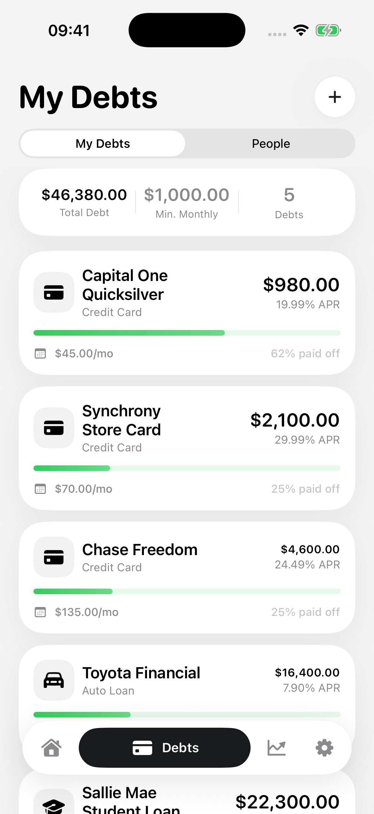 My Debts list with credit cards, auto loan and student loan, each with APR and progress